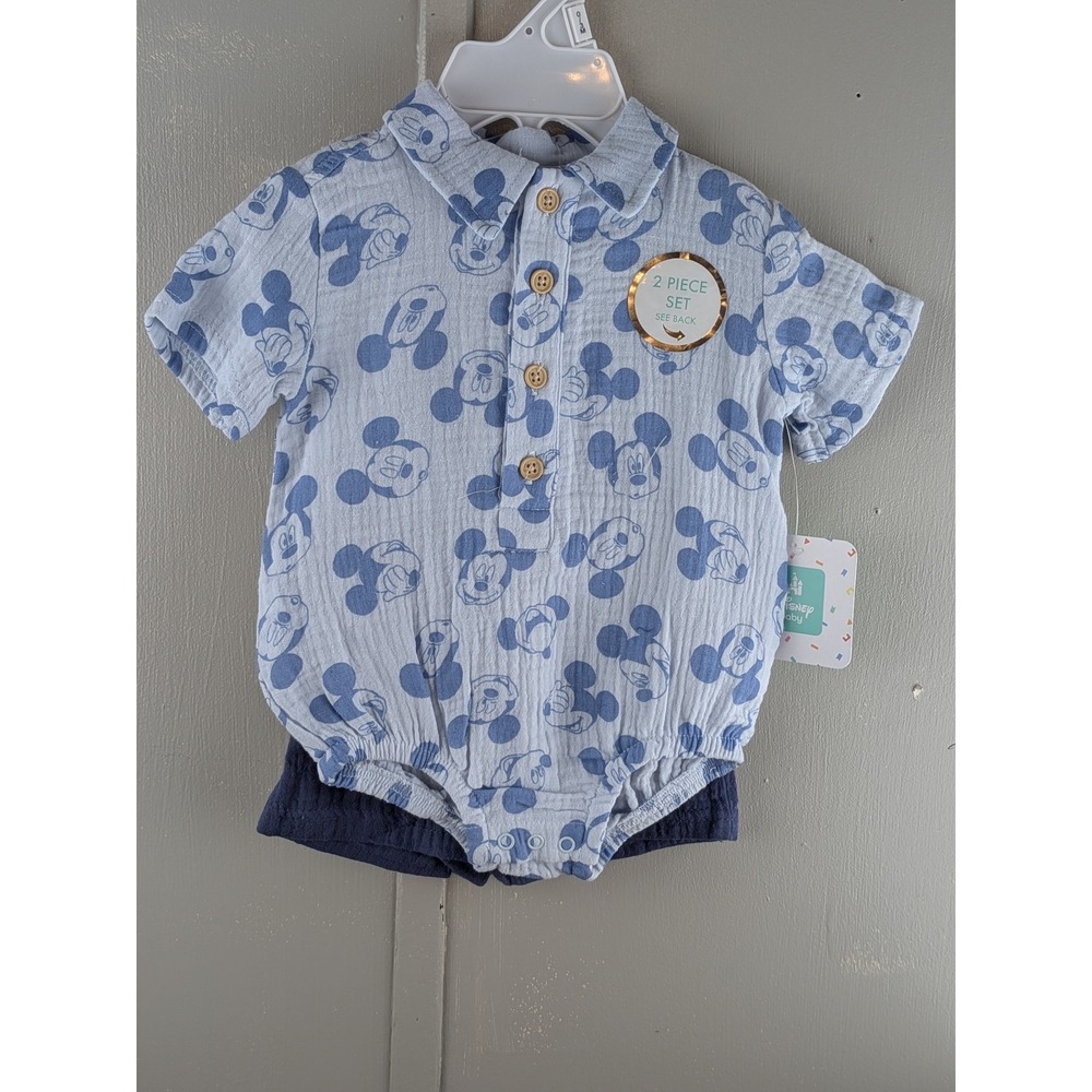 Disney Baby Mickey Mouse 2 Piece Cotton Gauze Bodysuit and Shorts Set 0-3M Blue